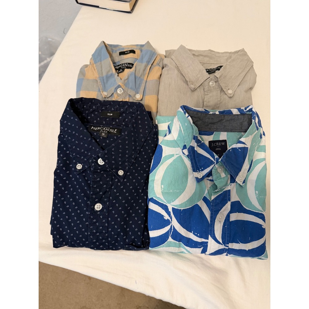 J Crew Men Button Down Shirt Bundle 4 Pack Slim Flex Navy Plaid Grey Teal Medium